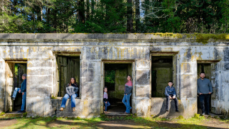 Family sheltered in the historic bunker archway at Manchester State Park near Port Orchard