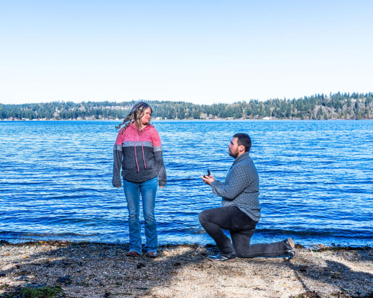Marriage proposal on the saltwater beach at Manchester State Park in Port Orchard, Kitsap County engagement photographer