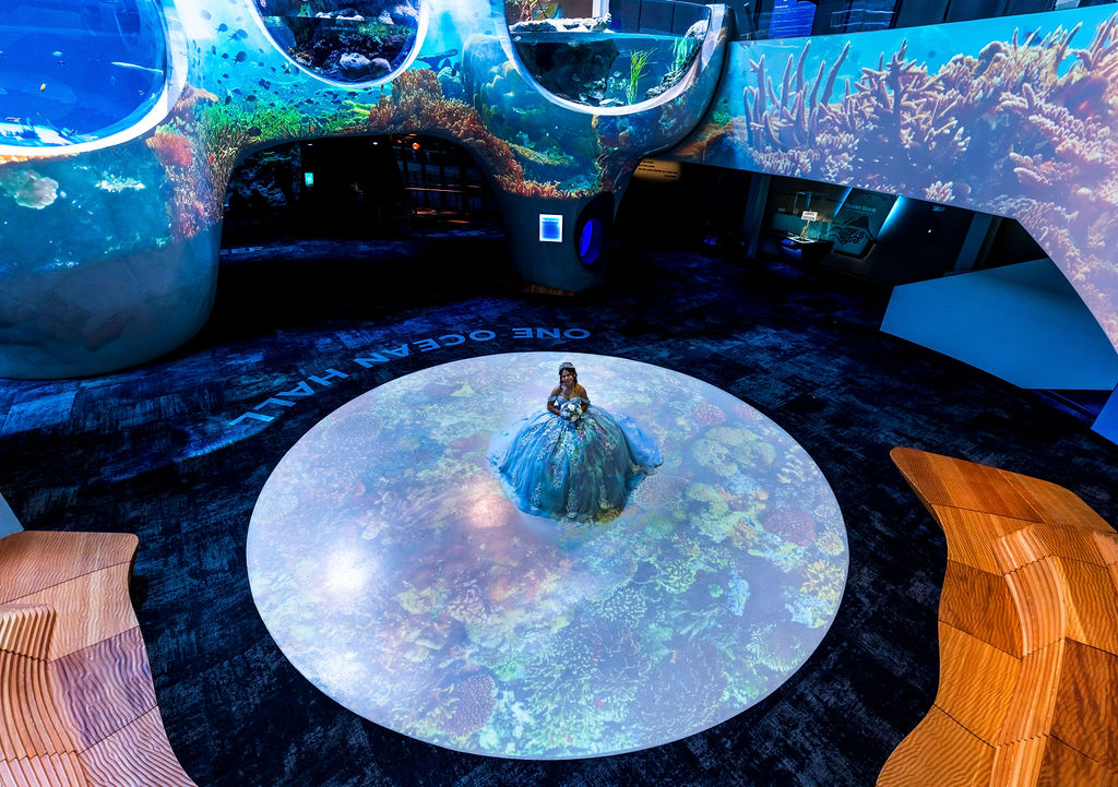 Quinceañera portrait standing on ocean projection floor inside Seattle Aquarium Ocean Pavilion