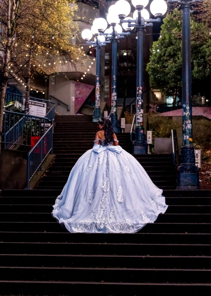 Seattle Night Quinceañera Portrait on City Staircase