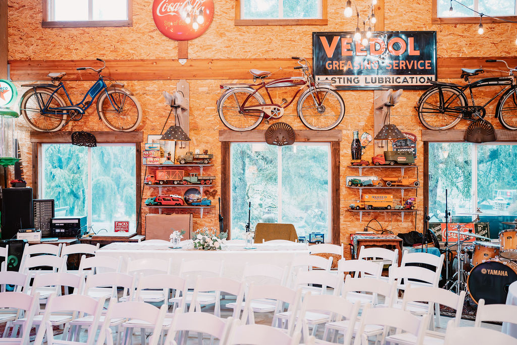 Rustic barn ceremony setup with vintage decor at Burley Creek Nursery wedding venue in Kitsap County Washington