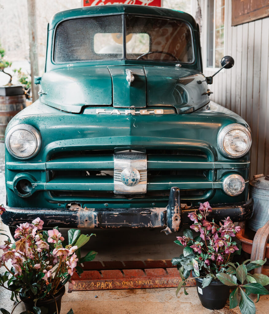 Vintage Fargo truck used as rustic wedding decor at Burley Creek Nursery wedding venue in Port Orchard Washington