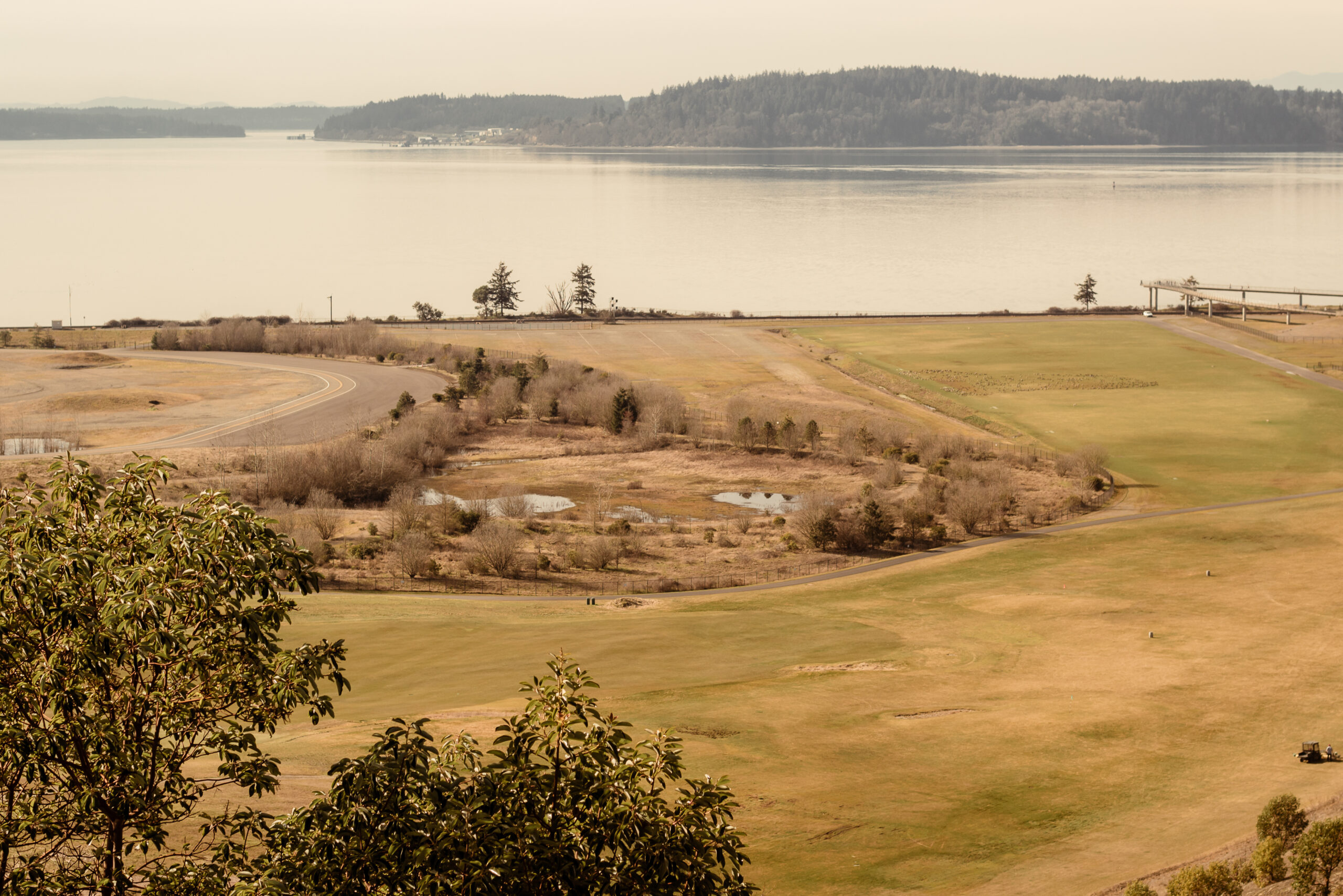 Rolling green grounds and wetlands beside Puget Sound at a waterfront venue