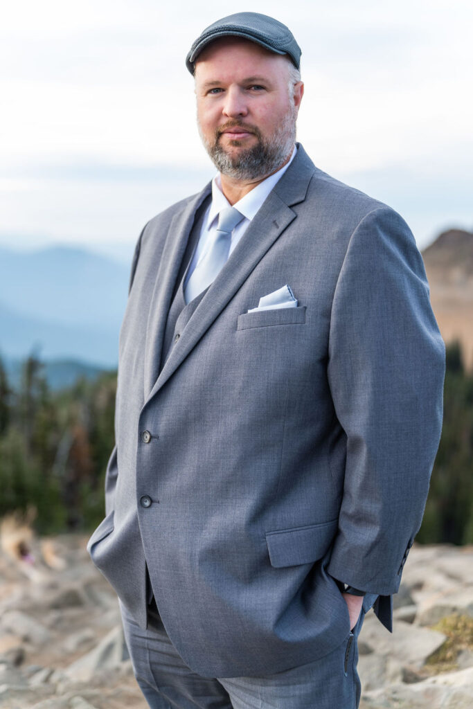 mountain vow renewal portrait overlooking Olympic Peninsula mountains