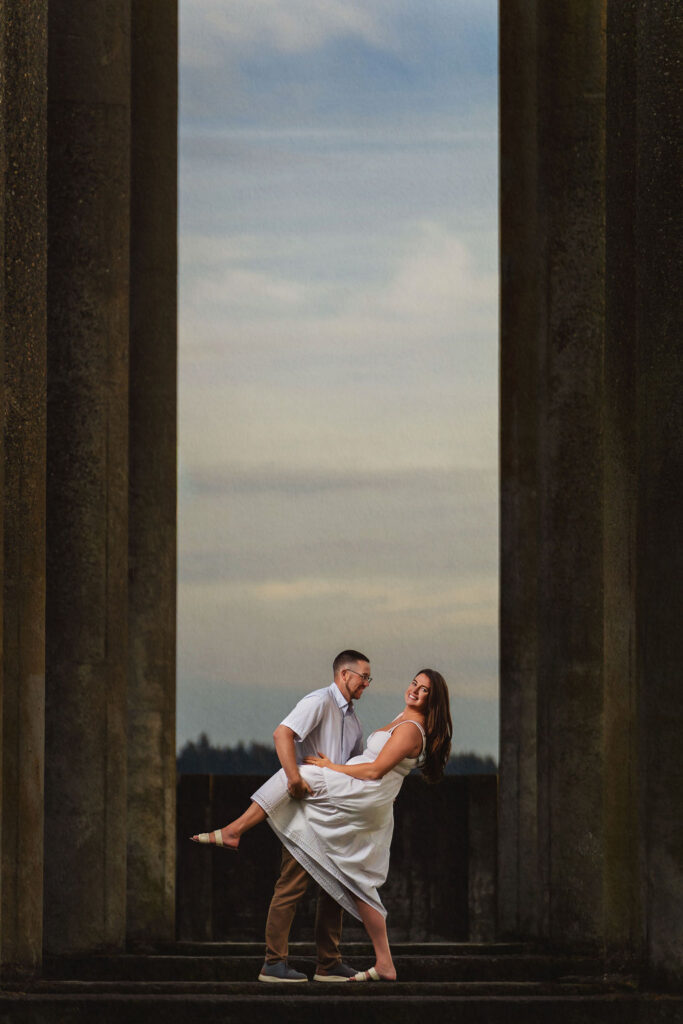 Couple dipping during engagement photoshoot in tacoma.