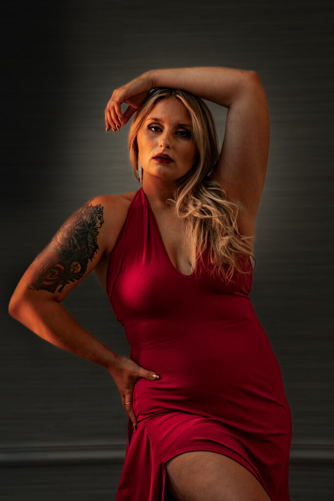 Portraits of Alyssa S in red dress posing