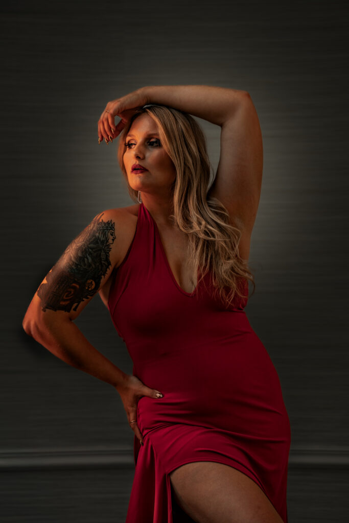 Portraits of Alyssa S in red dress posing