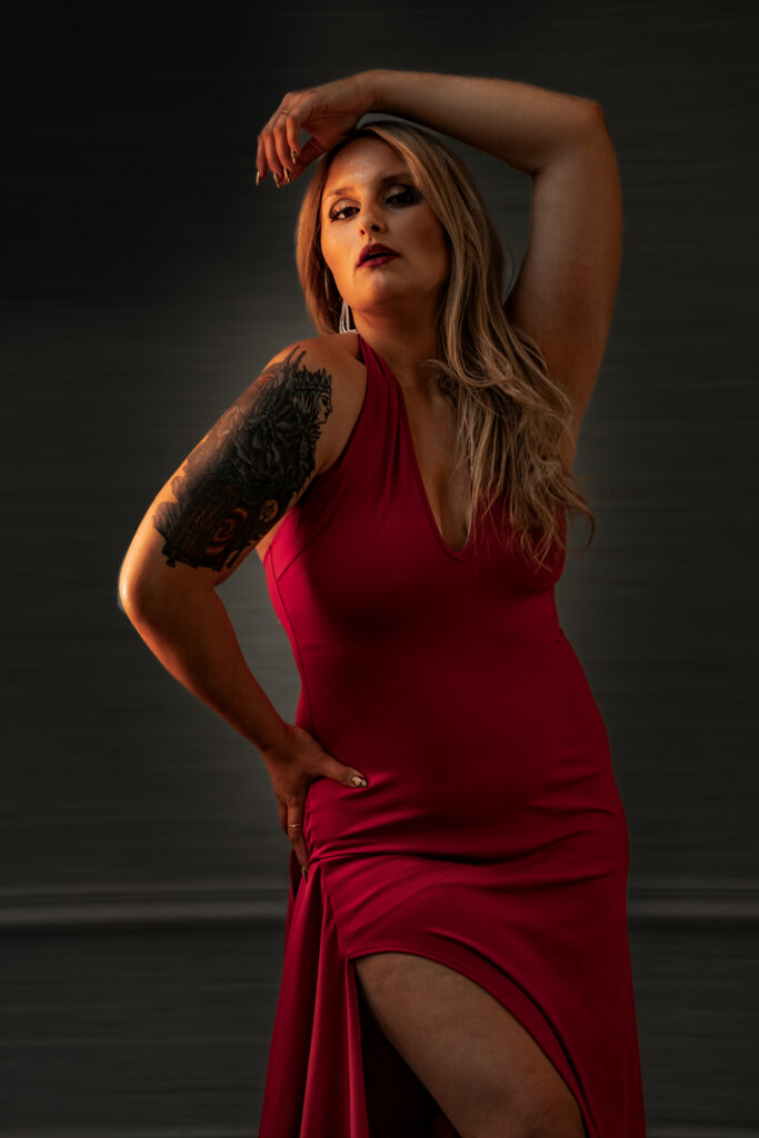 Portraits of Alyssa S in red dress posing