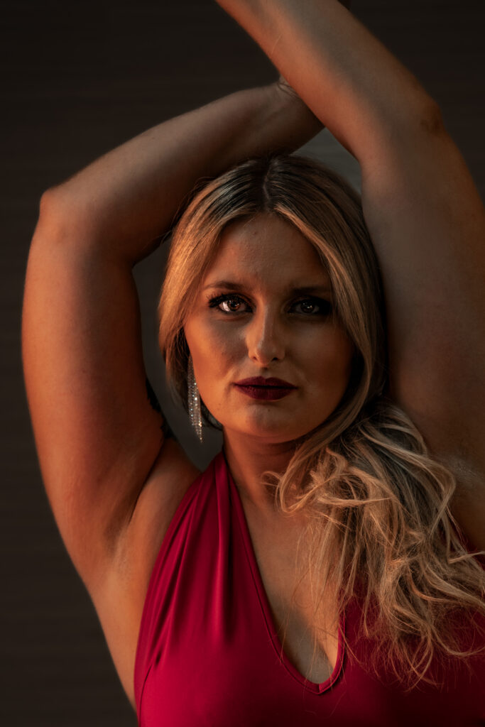 Portraits of Alyssa S in red dress posing