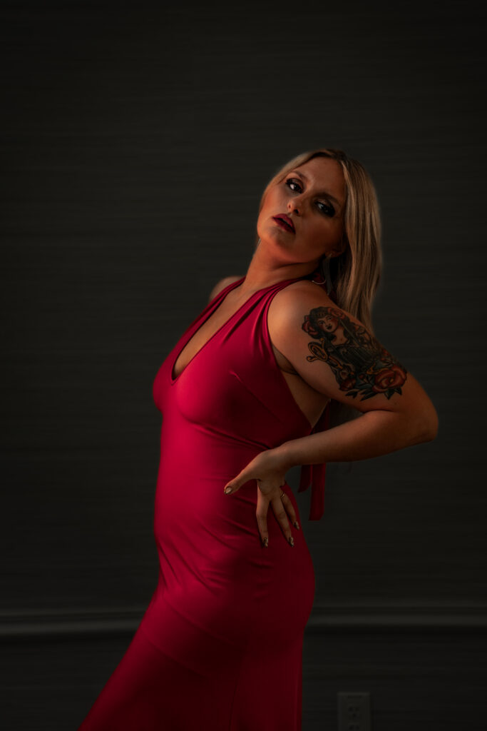Portraits of Alyssa S in red dress posing