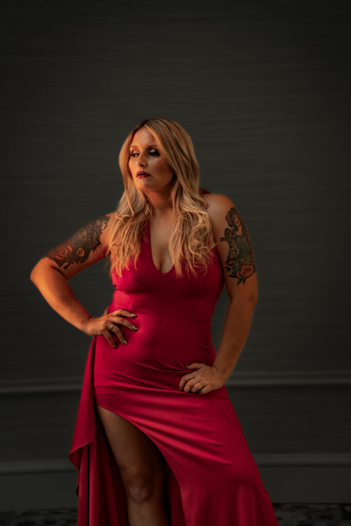 Portraits of Alyssa S in red dress posing