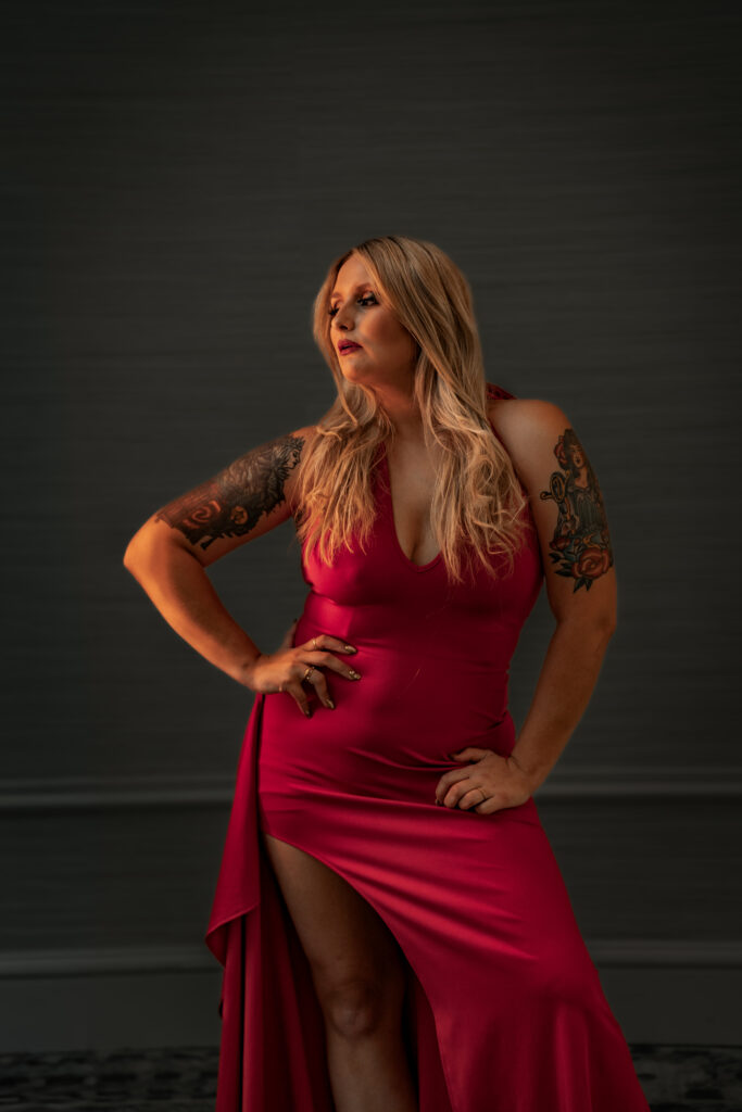 Portraits of Alyssa S in red dress posing
