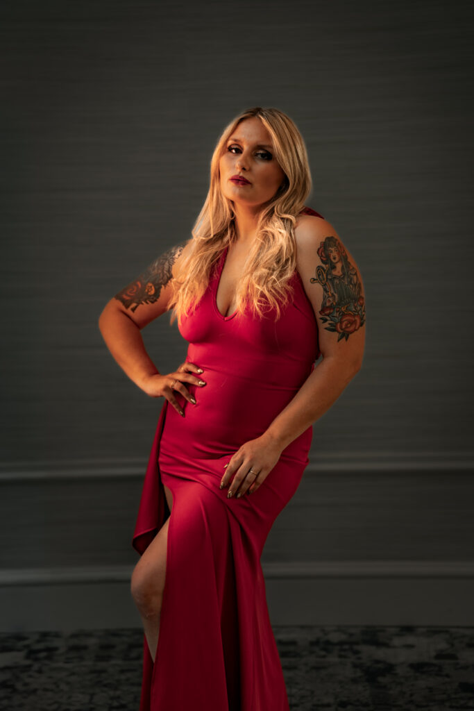 Portraits of Alyssa S in red dress posing