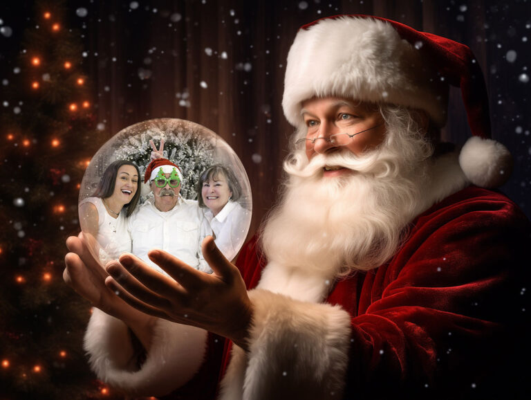 Magical composite of a multigenerational family in holiday glasses inside a snow globe held by Santa during a Christmas mini session in Bremerton