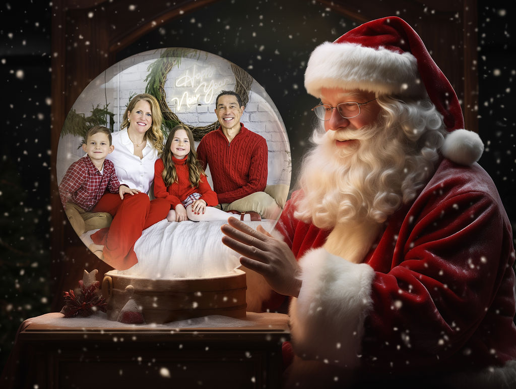 Magical composite of a family of four inside a snow globe held by Santa during a Christmas mini session in Bremerton