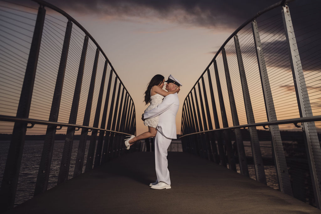Engagement photos at Chambers Bay in Tacoma during golden hour in Western Washington