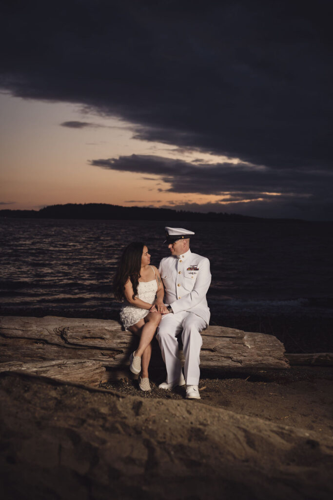 Romantic engagement session at Chambers Bay overlooking Puget Sound in Tacoma
