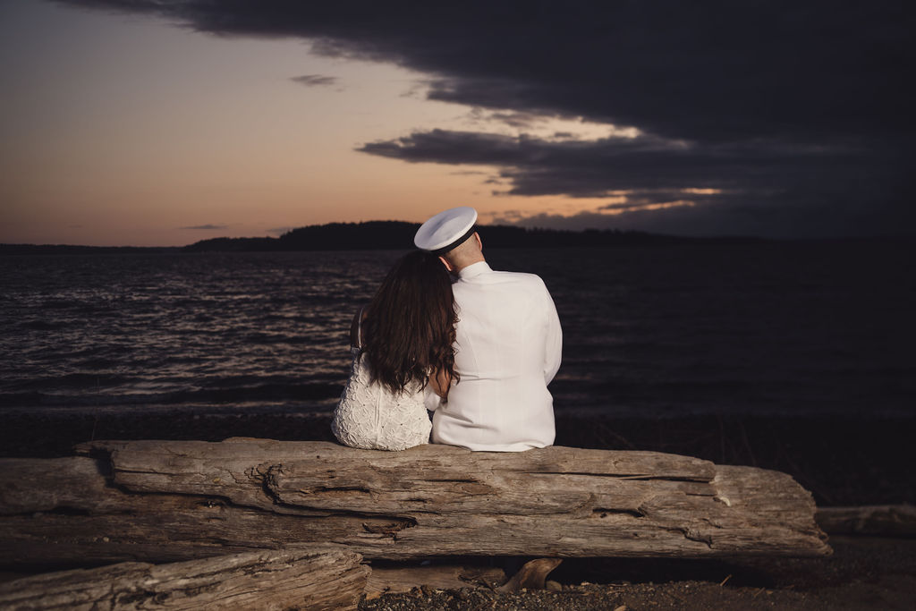 Engagement photos at Chambers Bay in Tacoma during golden hour in Western Washington