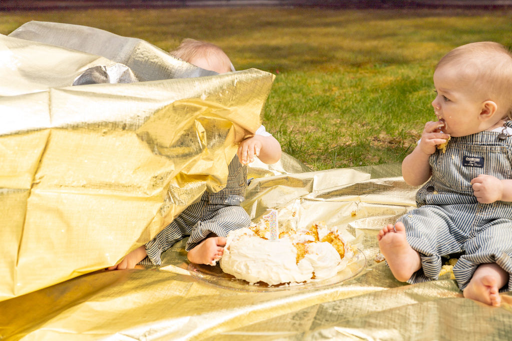 Twin babies at an outdoor first birthday cake smash, one peeking out from under a gold blanket in Kitsap County