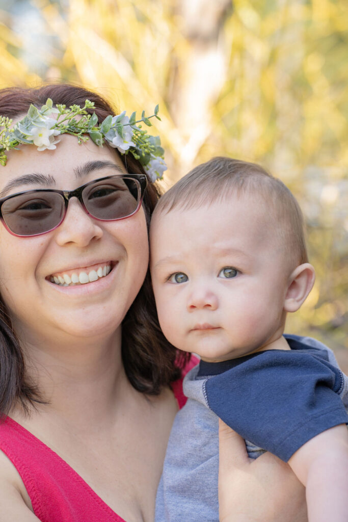 Close portrait of a mother and her baby boy outdoors at a Kitsap County family session
