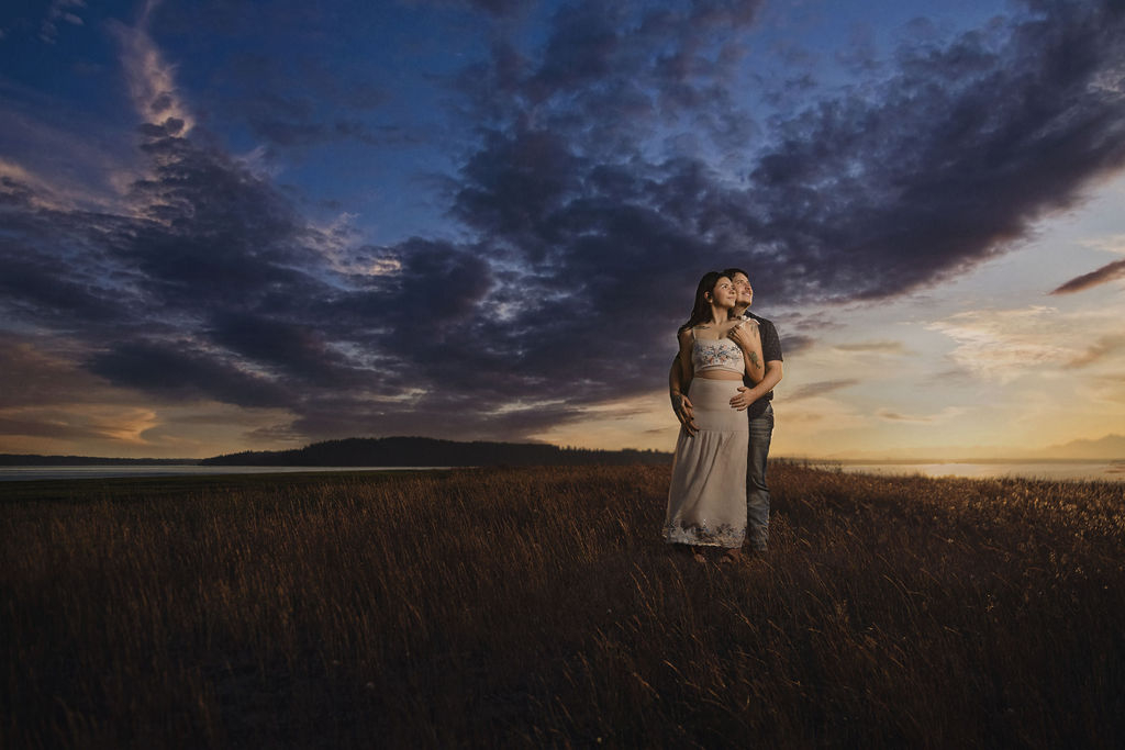 Breanna and Kolle engagement at Golden hour posed with an amazing Sky