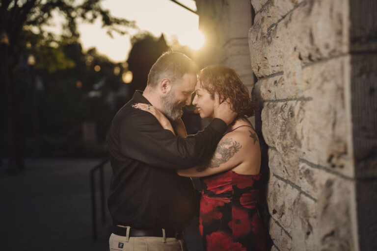 Close up portrait of an engaged couple touching foreheads in golden light, Puget Sound wedding photography by Nautical Moments Photography