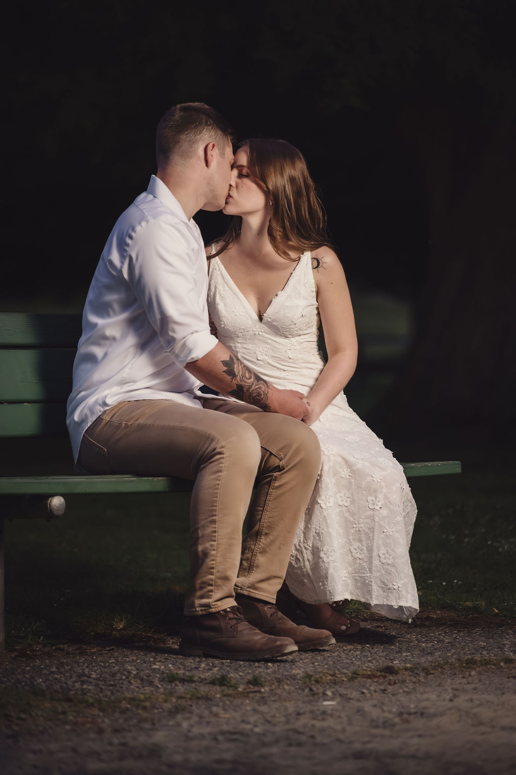 Quiet moment between an engaged couple among Tacoma roses