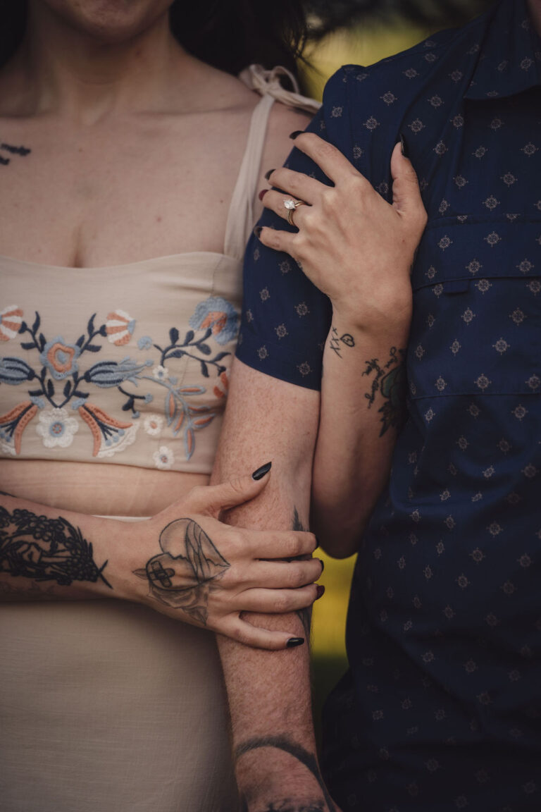 Close portrait of an engaged couple embracing at golden hour in Washington