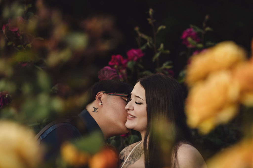 Engagement session at sunset in the Point Defiance Rose Garden, Tacoma WA, formal portraits by Nautical Moments Photography