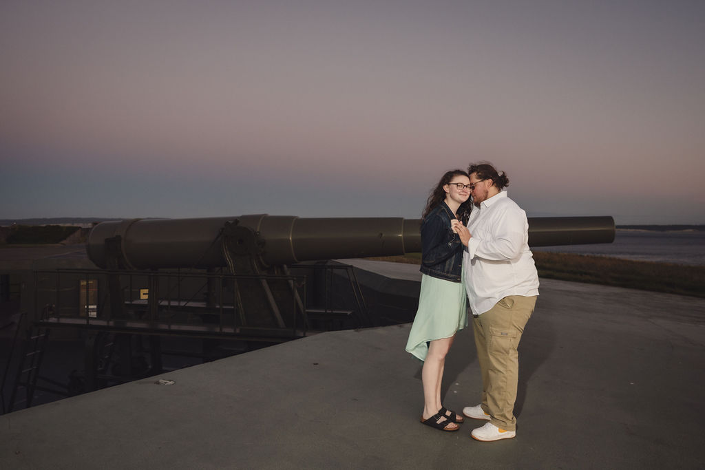 Cinematic sunset engagement photos at Fort Casey on Whidbey Island