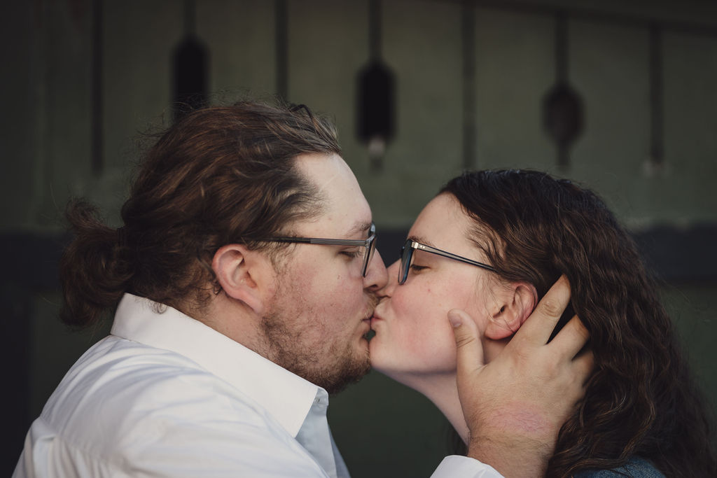 Tender golden hour engagement moment on Whidbey Island