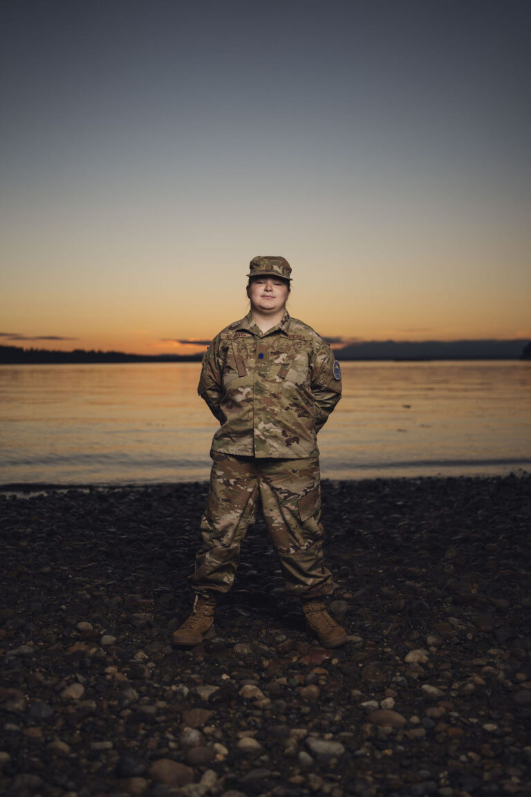 University Place senior photographer portrait of a senior in Air Force Junior ROTC uniform on the beach at blue hour at Chambers Bay