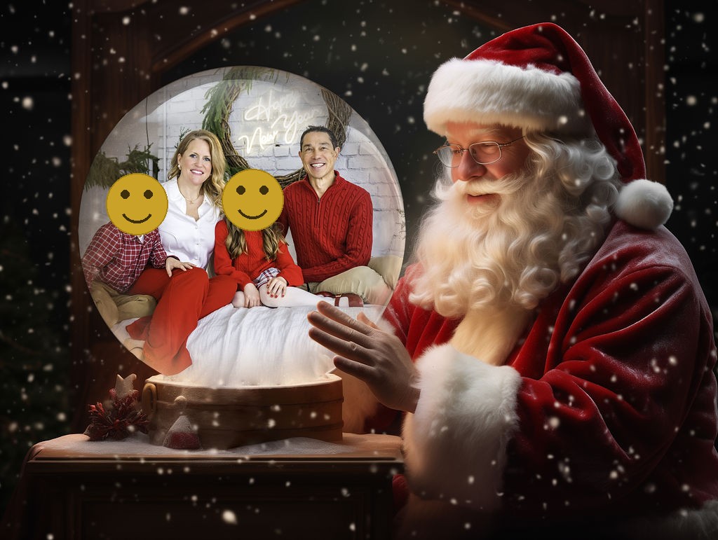 Magical composite of a family of four inside a snow globe held by Santa during a Christmas mini session in Bremerton