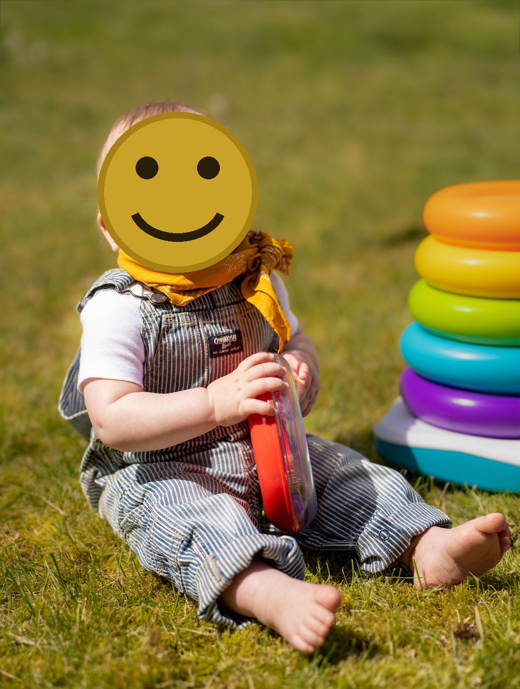 Baby sitting in the grass with a stacking toy during an outdoor family photo session in Kitsap County, Washington