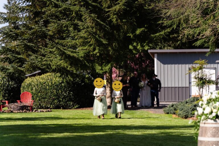 Bride and groom portrait among the cedars at the Mason Jar Gathering Barn in Onalaska, Washington